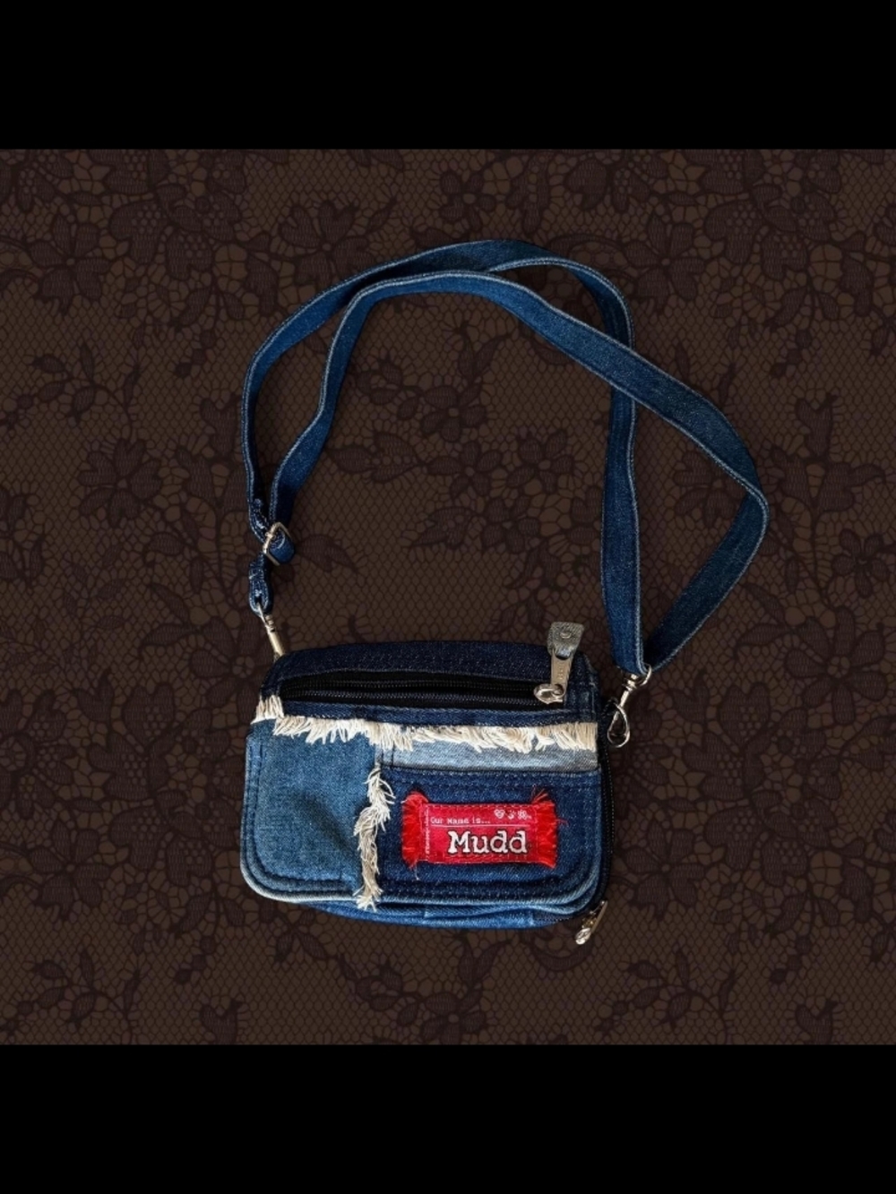 Vintage 90's Y2K Mudd Denim Fringe Crossbody Bag in Blue with Red Patch